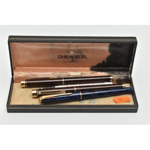 202 - A BOX OF ASSORTED PENS, to include a pair of 'Sheaffer' pens, one ball point pen and one fountain pe... 