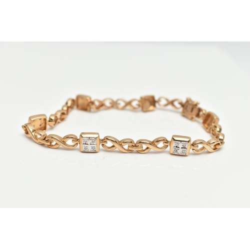 87 - A 9CT GOLD DIAMOND LINE BRACELET, designed as a series of six square links each set with four small ... 