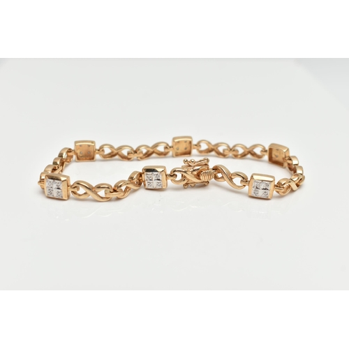 87 - A 9CT GOLD DIAMOND LINE BRACELET, designed as a series of six square links each set with four small ... 