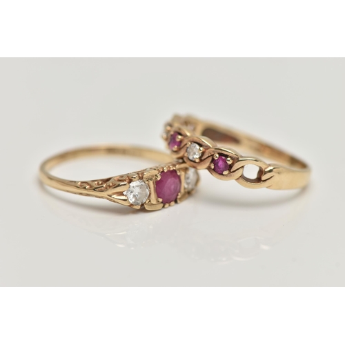 90 - TWO 9CT GOLD GEM SET RINGS, the first set with a circular cut ruby, claw set and flanked with two ro... 