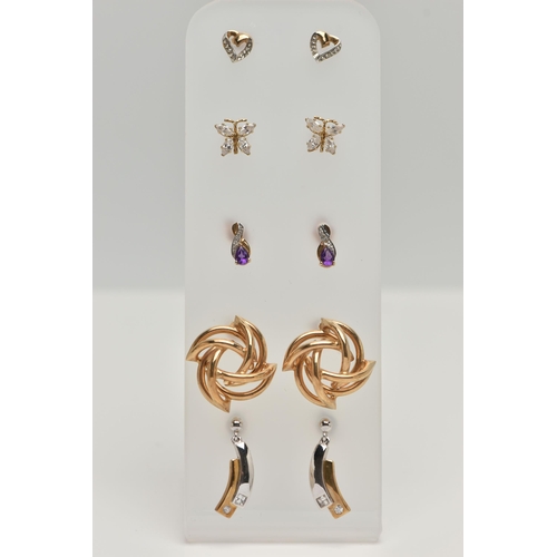 91 - A SELECTION OF EARRINGS, to include a pair of 9ct gold abstract stud earrings, post and scroll fitti... 