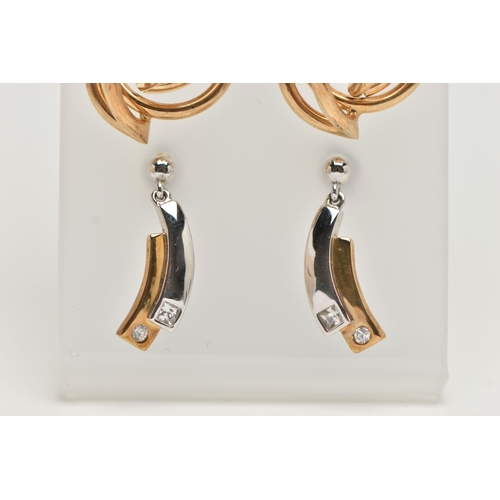 91 - A SELECTION OF EARRINGS, to include a pair of 9ct gold abstract stud earrings, post and scroll fitti... 