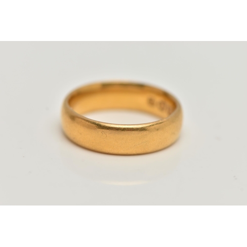 93 - A 22CT GOLD BAND RING, polished band, approximate band width 4.9mm, hallmarked 22ct Birmingham, ring... 