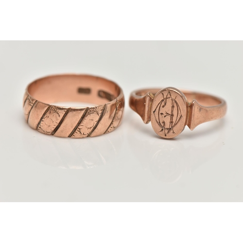 96 - TWO 9CT ROSE GOLD RINGS, the first a late Victorian textured wide band, approximate band width 6.4mm... 