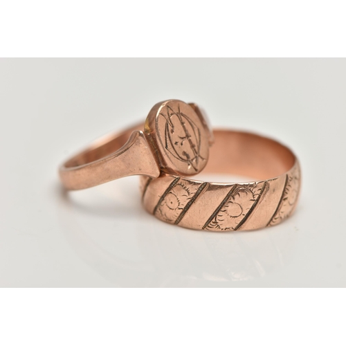 96 - TWO 9CT ROSE GOLD RINGS, the first a late Victorian textured wide band, approximate band width 6.4mm... 
