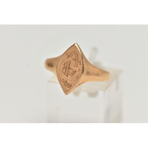 97 - A LATE VICTORIAN 22CT GOLD SIGNET RING, of a marquise form, engraved monogram, leading onto a polish... 