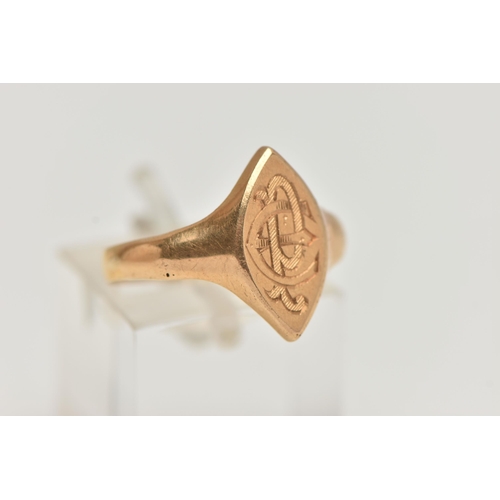 97 - A LATE VICTORIAN 22CT GOLD SIGNET RING, of a marquise form, engraved monogram, leading onto a polish... 