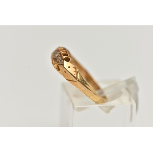 99 - AN EARLY 20TH CENTURY 18CT GOLD DIAMOND BOAT RING, set with a row of five rose cut diamonds, to a pl... 