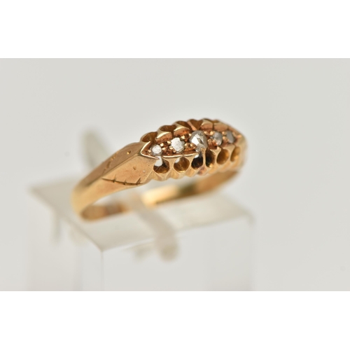 99 - AN EARLY 20TH CENTURY 18CT GOLD DIAMOND BOAT RING, set with a row of five rose cut diamonds, to a pl... 