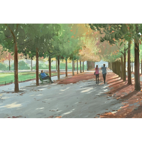 302 - CHARLES ROWBOTHAM (BRITISH CONTEMPORARY) 'AUTUMN IN PARIS', figures walking in the shade of trees, s... 