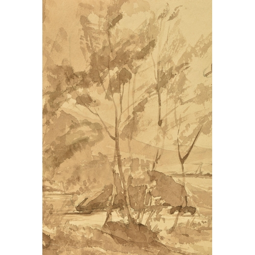 328 - CIRCLE OF HENRY COURTNEY SELOUS (1811-1890) A LANDSCAPE SKETCH, a river landscape with a figure cros... 