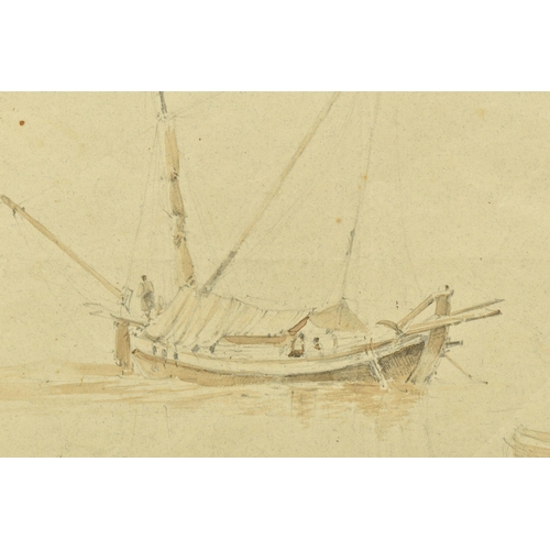 336 - CIRCLE OF GEORGE CHINNERY (1774-1852) A STUDY OF BOATS ON THE WATER, together with a sketch of figur... 