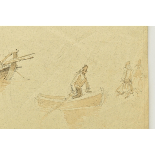 336 - CIRCLE OF GEORGE CHINNERY (1774-1852) A STUDY OF BOATS ON THE WATER, together with a sketch of figur... 