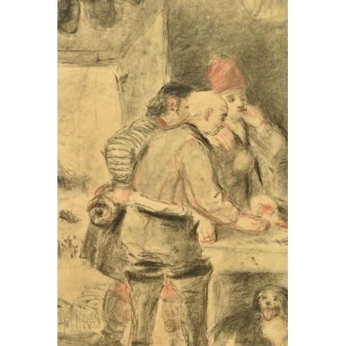 337 - CIRCLE OF SIR DAVID WILKIE (1785-1841) INTERIOR WITH FIGURES, three standing figures appear to be re... 