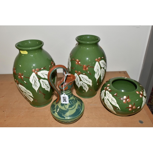 341 - AN ALLER VALE JUG AND THREE PIECES OF C. H. BRANNAM LTD ROYAL BARUM WARE, the Aller Vale jug with sc... 