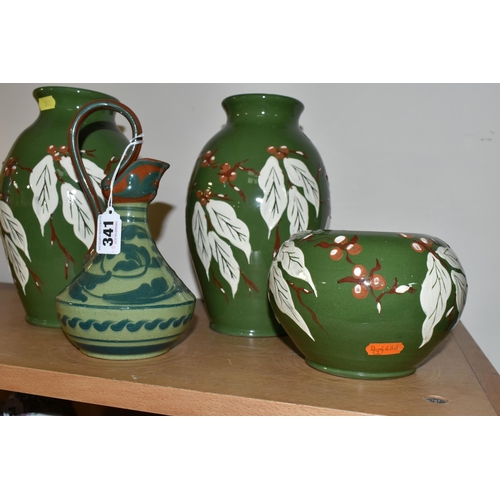 341 - AN ALLER VALE JUG AND THREE PIECES OF C. H. BRANNAM LTD ROYAL BARUM WARE, the Aller Vale jug with sc... 