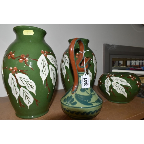 341 - AN ALLER VALE JUG AND THREE PIECES OF C. H. BRANNAM LTD ROYAL BARUM WARE, the Aller Vale jug with sc... 