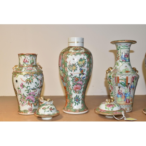 342 - SEVEN 19TH CENTURY CHINESE CANTON FAMILLE ROSE  PORCELAIN VASES AND THREE COVERS, SOME PIECES WITH E... 