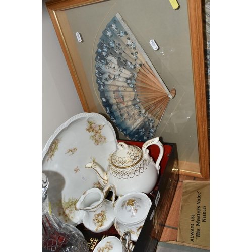 353 - TWO BOXES OF LIMOGES TEAWARE AND TWO FRAMED HAND PAINTED PAPER FANS, to include two framed and glaze... 