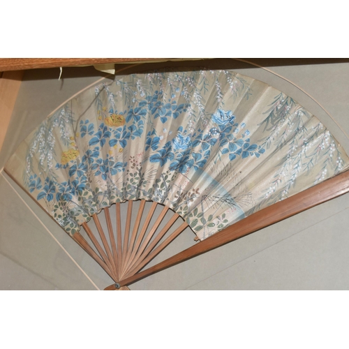 353 - TWO BOXES OF LIMOGES TEAWARE AND TWO FRAMED HAND PAINTED PAPER FANS, to include two framed and glaze... 