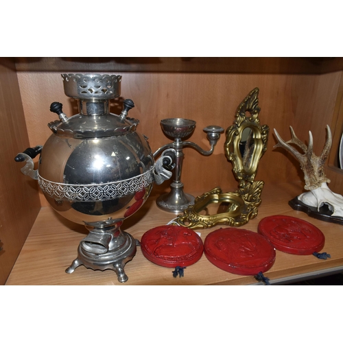 359 - A GROUP OF METALWARE, comprising a Russian electric samovar with plug and wiring 1987 and Russian im... 