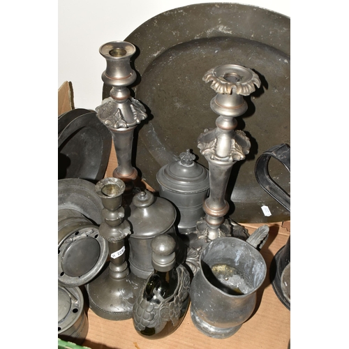 360 - ONE BOX OF 19TH CENTURY PEWTER FLATWARE, to include a large handled meat platter made by James Dixon... 