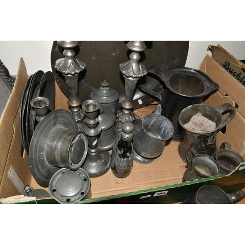 360 - ONE BOX OF 19TH CENTURY PEWTER FLATWARE, to include a large handled meat platter made by James Dixon... 