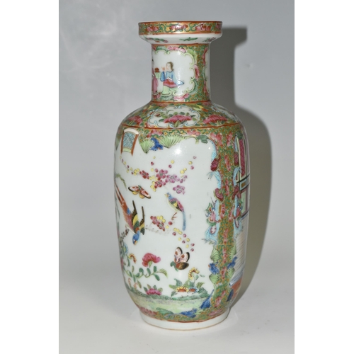 361 - A LATE 19TH / EARLY 20TH CENTURY CHINESE CANTON FAMILLE ROSE PORCELAIN BALUSTER VASE WITH RAISED RIM... 