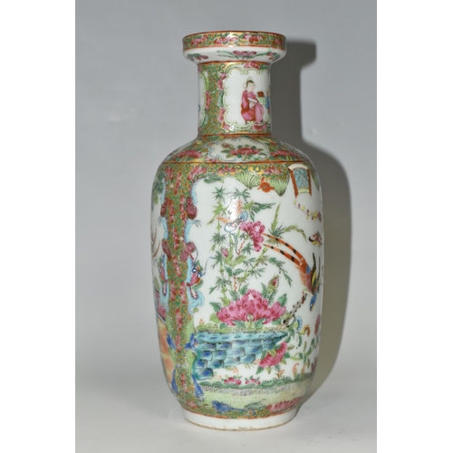 361 - A LATE 19TH / EARLY 20TH CENTURY CHINESE CANTON FAMILLE ROSE PORCELAIN BALUSTER VASE WITH RAISED RIM... 