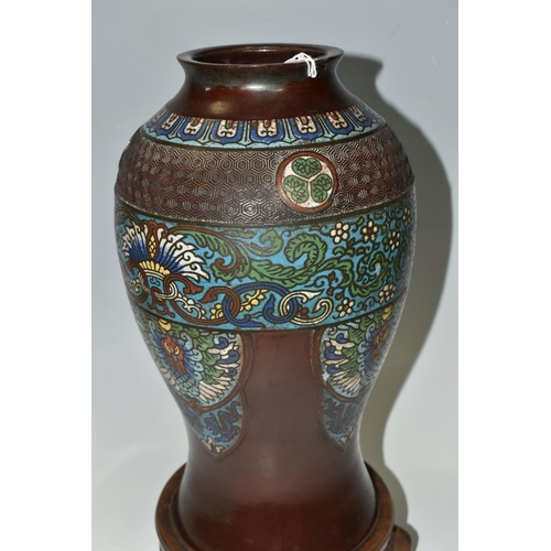 369 - AN EARLY 20TH CENTURY BRONZE AND CHAMPLEVE BALUSTER VASE, patinated finish, height 36cm, together wi... 