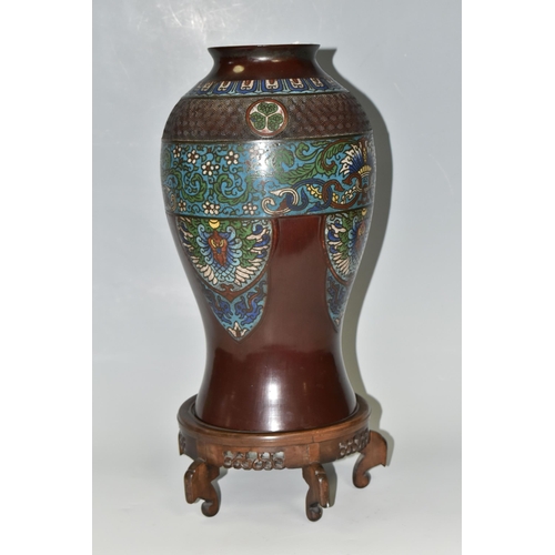 369 - AN EARLY 20TH CENTURY BRONZE AND CHAMPLEVE BALUSTER VASE, patinated finish, height 36cm, together wi... 