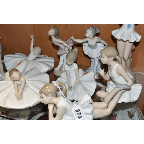 374 - NINE NAO FIGURES OF BALLERINAS, in different poses, tallest standing ballerina holding shoes 29cm, o... 