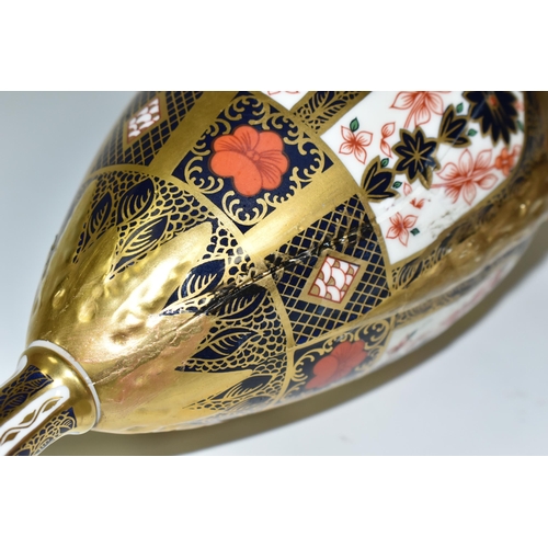 378 - A ROYAL CROWN DERBY 'IMARI 1128 SOLID GOLD' BAND TWIN HANDLED VASE AND FIXED COVER, short pedestal a... 