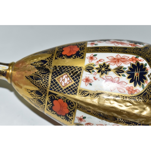 378 - A ROYAL CROWN DERBY 'IMARI 1128 SOLID GOLD' BAND TWIN HANDLED VASE AND FIXED COVER, short pedestal a... 