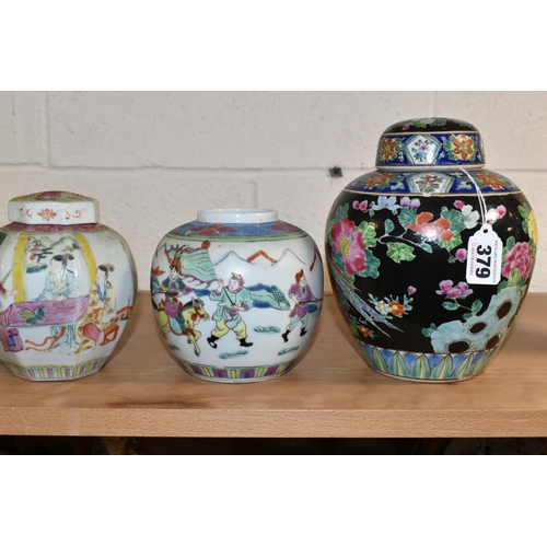 379 - SIX LATE 19TH AND 20TH CENTURY CHINESE PORCELAIN GINGER JARS, FIVE WITH COVERS, various designs incl... 