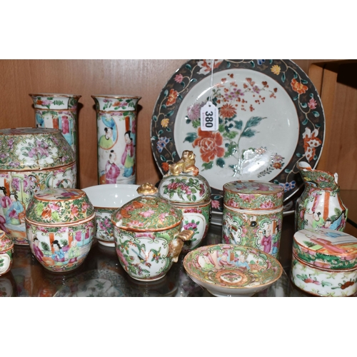 380 - A GROUP OF 19TH AND 20TH CENTURY CHINESE CANTON FAMILLE ROSE PORCELAIN, ETC, comprising two cylindri... 