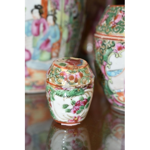 380 - A GROUP OF 19TH AND 20TH CENTURY CHINESE CANTON FAMILLE ROSE PORCELAIN, ETC, comprising two cylindri... 