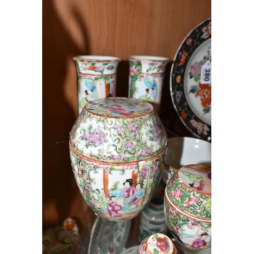 380 - A GROUP OF 19TH AND 20TH CENTURY CHINESE CANTON FAMILLE ROSE PORCELAIN, ETC, comprising two cylindri... 