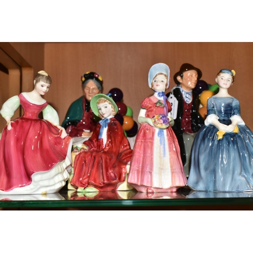 382 - SIX ROYAL DOULTON FIGURINES, comprising The Old Balloon Seller HN1315, The Balloon Man HN1954, Linda... 