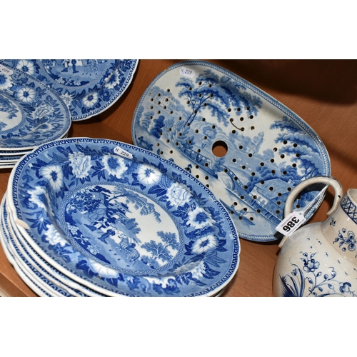 386 - A COLLECTION OF LATE 18TH AND 19TH CENTURY BLUE AND WHITE TRANSFER PRINTED POTTERY, ETC, comprising ... 