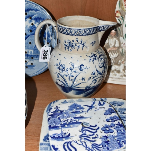 386 - A COLLECTION OF LATE 18TH AND 19TH CENTURY BLUE AND WHITE TRANSFER PRINTED POTTERY, ETC, comprising ... 