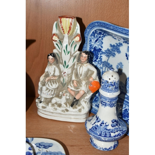 386 - A COLLECTION OF LATE 18TH AND 19TH CENTURY BLUE AND WHITE TRANSFER PRINTED POTTERY, ETC, comprising ... 