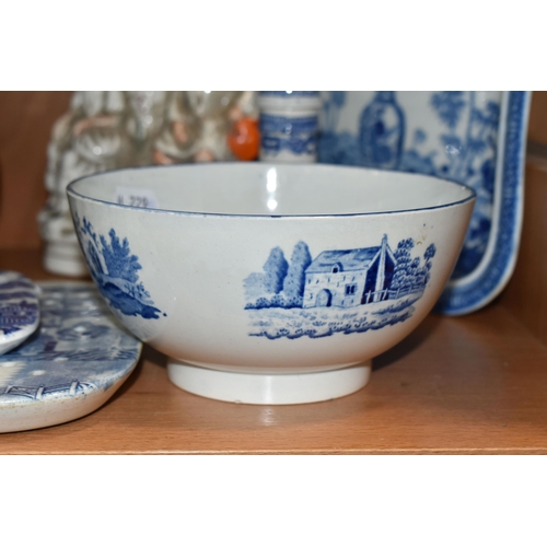 386 - A COLLECTION OF LATE 18TH AND 19TH CENTURY BLUE AND WHITE TRANSFER PRINTED POTTERY, ETC, comprising ... 