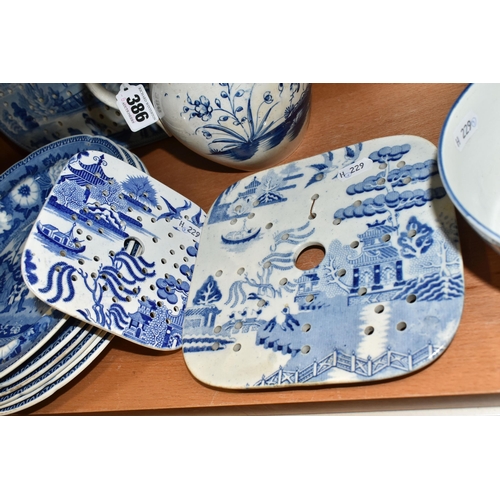 386 - A COLLECTION OF LATE 18TH AND 19TH CENTURY BLUE AND WHITE TRANSFER PRINTED POTTERY, ETC, comprising ... 