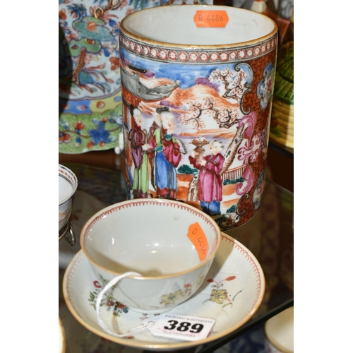 389 - A COLLECTION OF LATE 18TH AND 19TH CENTURY CHINESE EXPORT PORCELAIN, comprising a tankard with drago... 