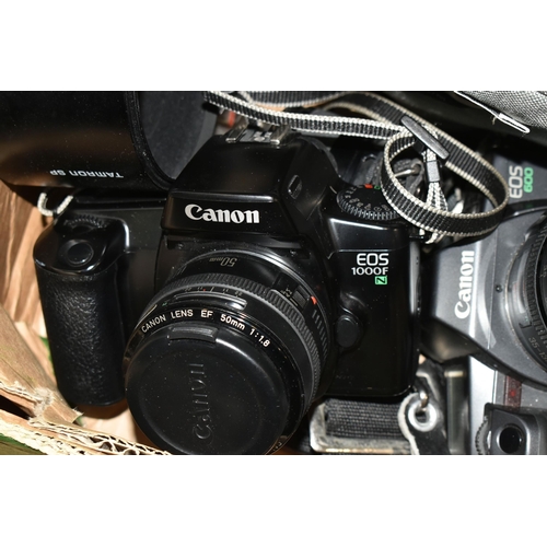 393 - A BOX OF CAMERAS AND PHOTOGRAPHIC EQUIPMENT, to include a Canon EOS 1000F camera fitted with an f1.8... 