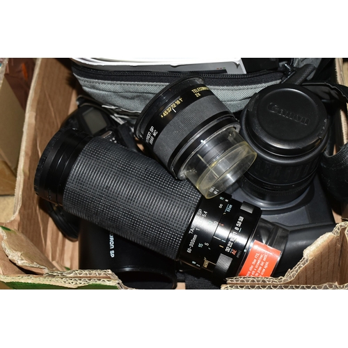 393 - A BOX OF CAMERAS AND PHOTOGRAPHIC EQUIPMENT, to include a Canon EOS 1000F camera fitted with an f1.8... 