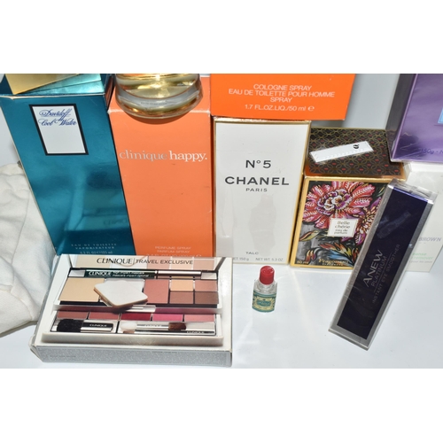 398 - A BOX OF CHANEL AND CLINIQUE TOILETRIES AND COSMETICS, comprising a sealed box of No.5 150g talc, to... 