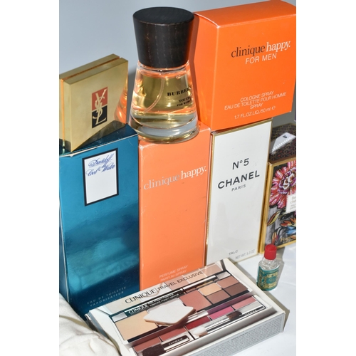 398 - A BOX OF CHANEL AND CLINIQUE TOILETRIES AND COSMETICS, comprising a sealed box of No.5 150g talc, to... 