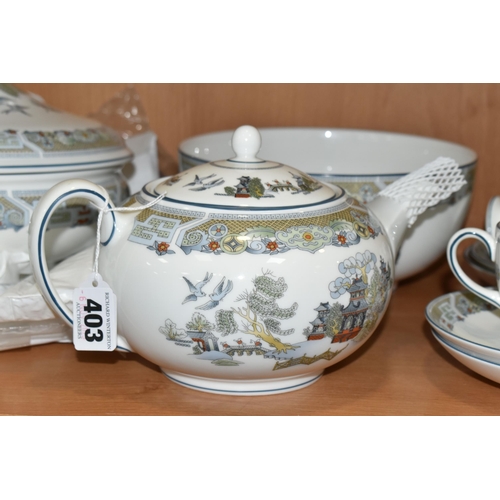 403 - A GROUP OF WEDGWOOD 'CHINESE LEGEND' PATTERN TEAWARE, comprising a covered tureen, footed fruit bowl... 